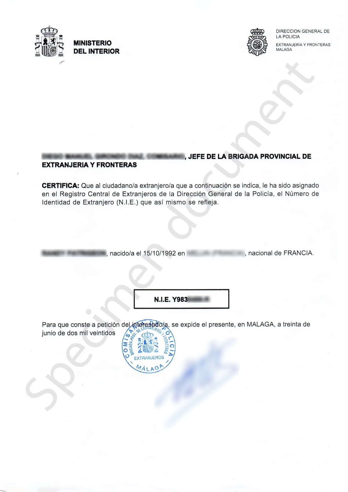 A specimen of an official Spanish NIE (Número de Identificación de Extranjero) certificate issued by the Spanish Ministry of the Interior, featuring the individual's identification number and details, with an official stamp from the Extranjería office in Málaga.