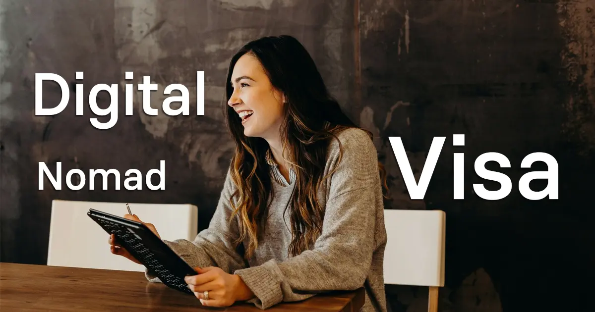 MetaImg + Txt – Digital nomad visa Smiling young woman sitting at a table holding a tablet and stylus, with text Digital Nomad Visa