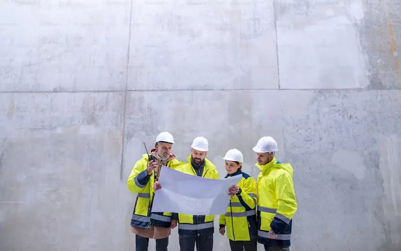 Team of engineers and workers wearing helmets and safety vests reviewing plans on a construction site in Spain