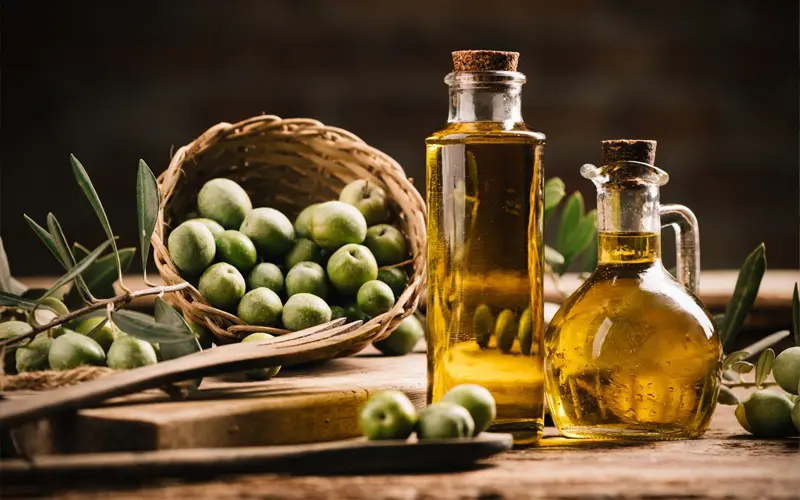 Bottles of extra virgin olive oil with a basket of green olives, symbolizing Spanish gastronomy