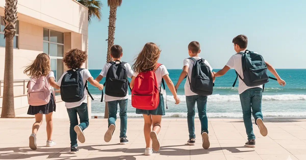 Group of children with backpacks running towards the beach, representing school holidays in Spain in 2025