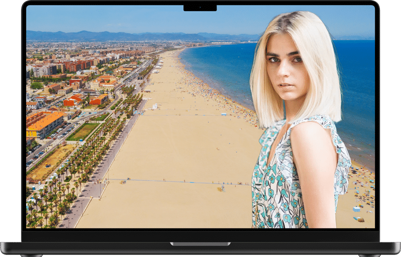 A computer showing a girl with Valencia beach in the background