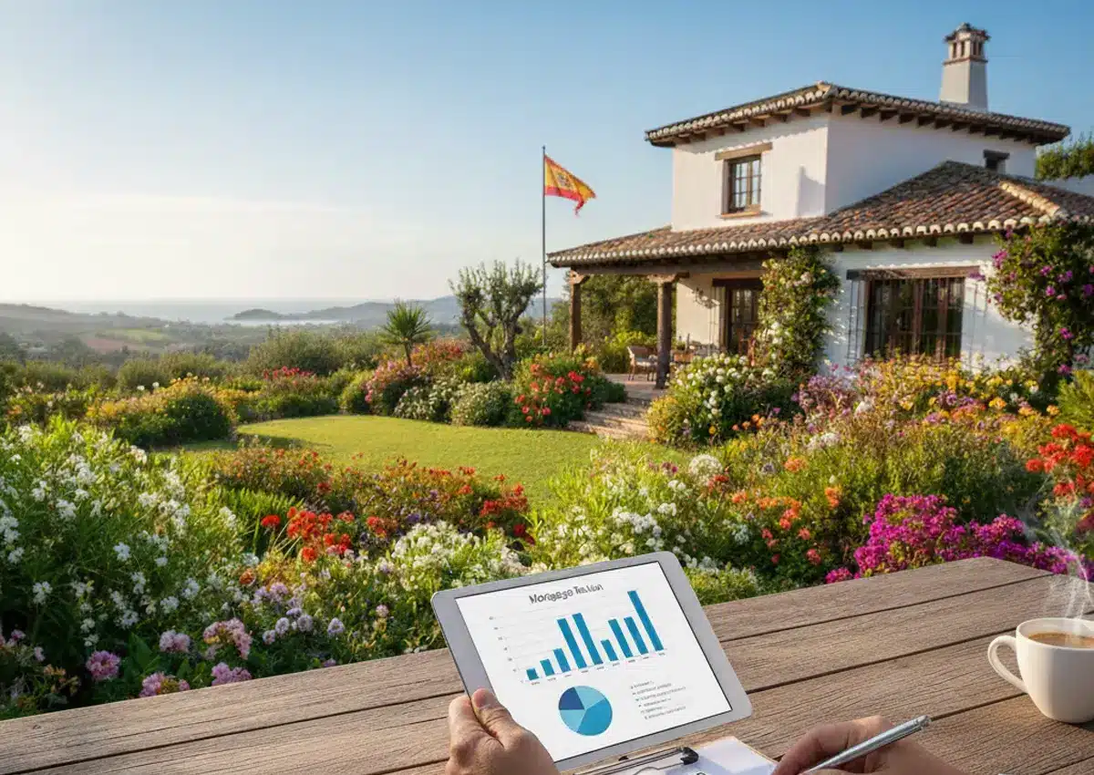 U.S. buyer reviewing mortgage rates and borrowing rules in Spain from a coastal property with Spanish flag in the background.