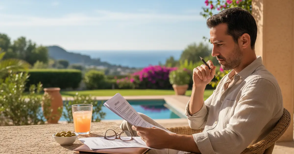 Property owner reading a rental contract in Spain on a sunny terrace, illustrating the different types of lease agreements