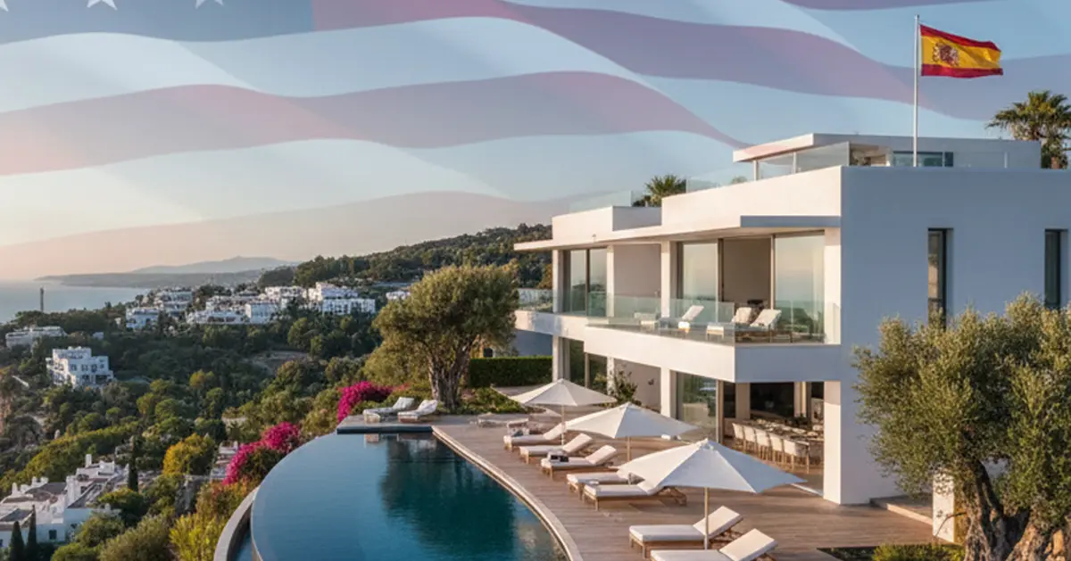 Modern luxury villa on the Spanish coast with U.S. and Spanish flags, illustrating property financing options for American buyers in Spain in 2026.