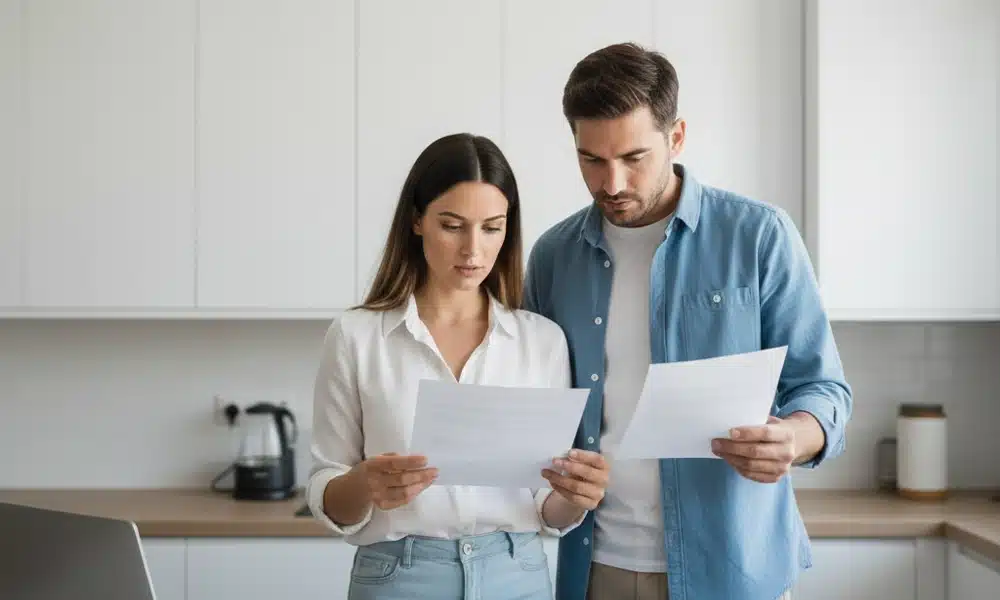 Foreign property buyers reviewing documents at home, concerned about common mistakes when purchasing real estate in Spain.
