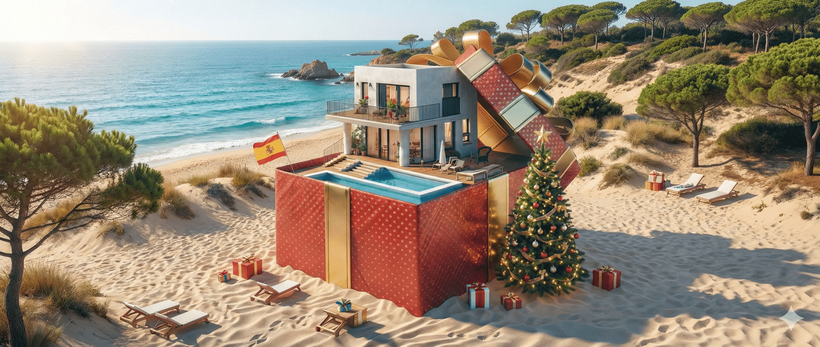 House inside a gift box on a spanish beach