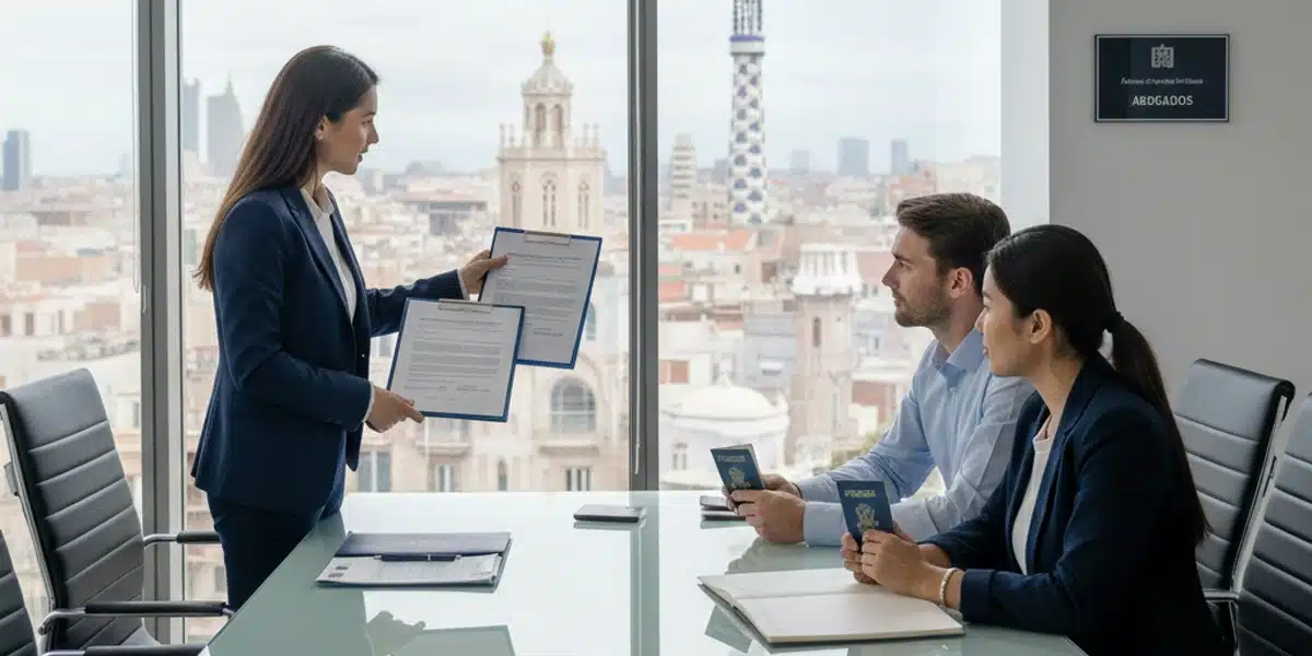 Spanish real estate lawyer explaining legal documents to foreign property buyers in a meeting room.